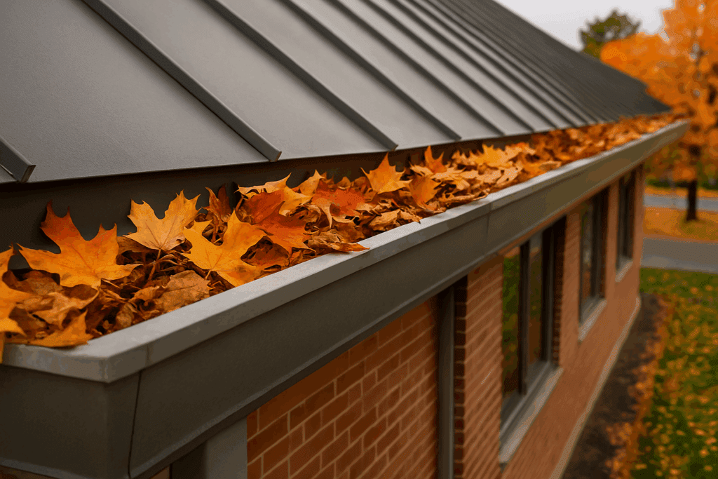 Gutters filled with colorful autumn leaves.