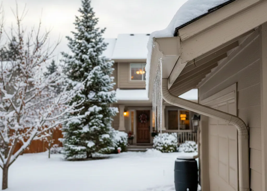 Snow-covered home with icicles hanging