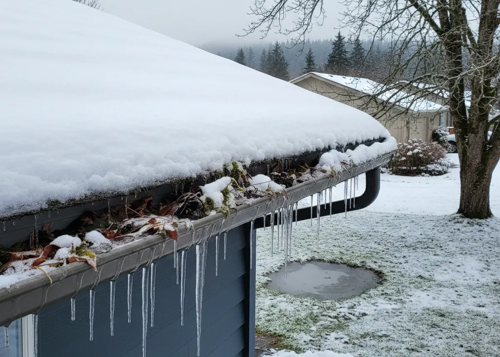 Icicles hanging from snow-covered roof