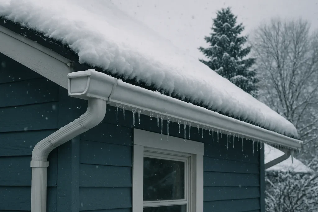 Snowy roof with icicles and gutter