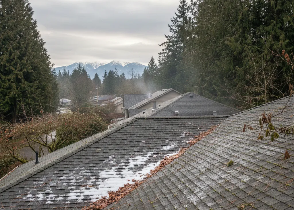 Snowy roof with mountain backdrop.